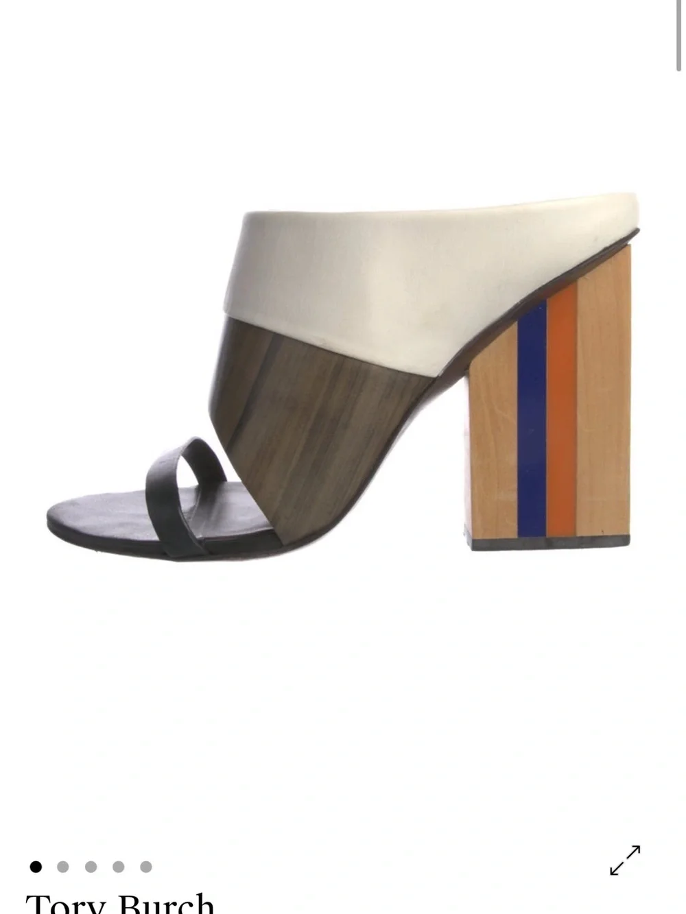 Tory Burch White, Black & Wood Block Heel Sandal with Blue and Orange Stripes